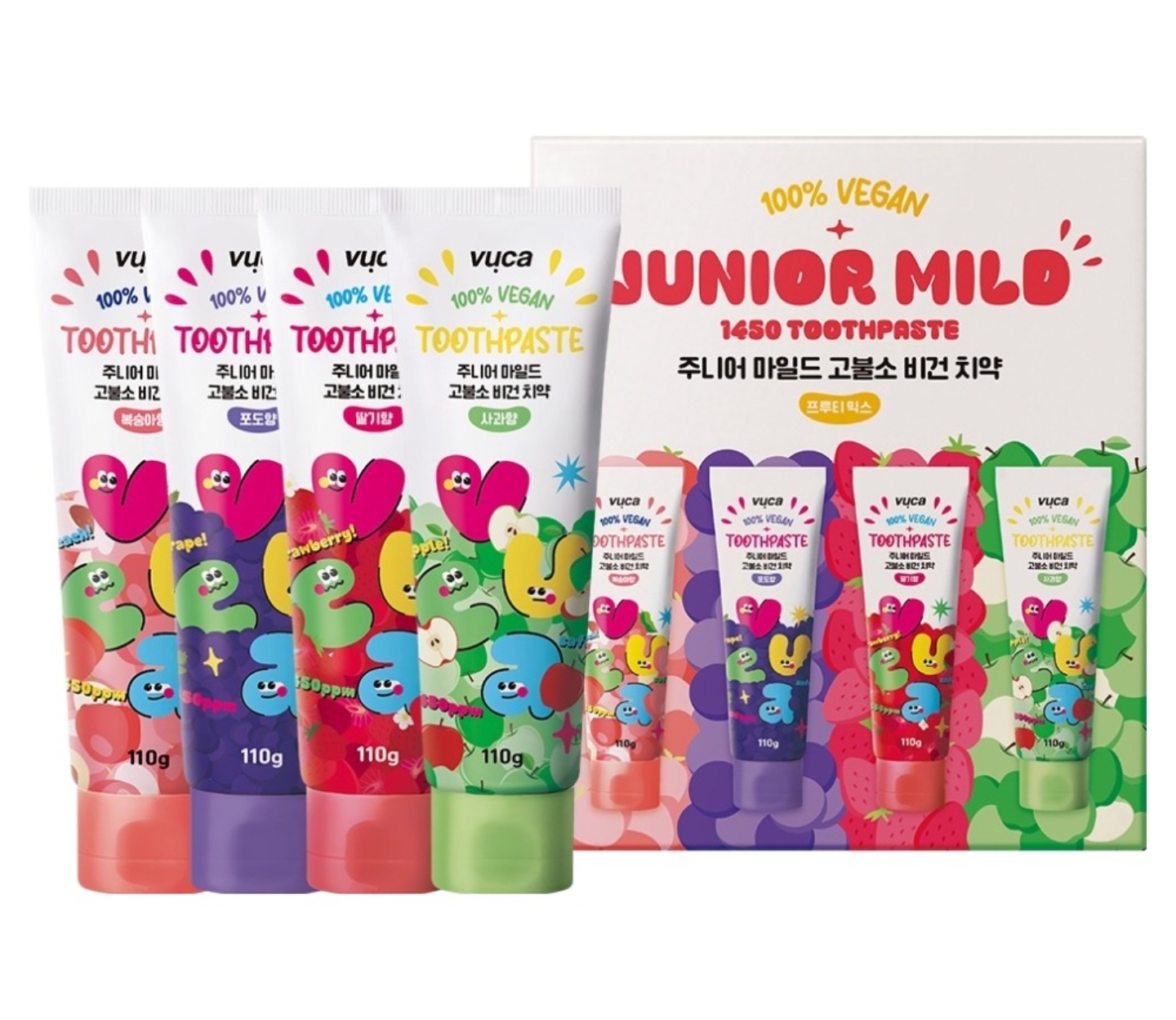 뷰카 주니어 마일드 고불소 비건치약 프루티 믹스 110g 4종 세트